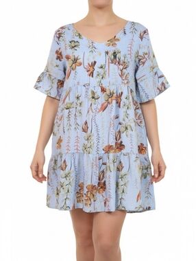 Lungo L’Arno Linen Floral Tiered Mini Dress Blue Made in Italy Womens M